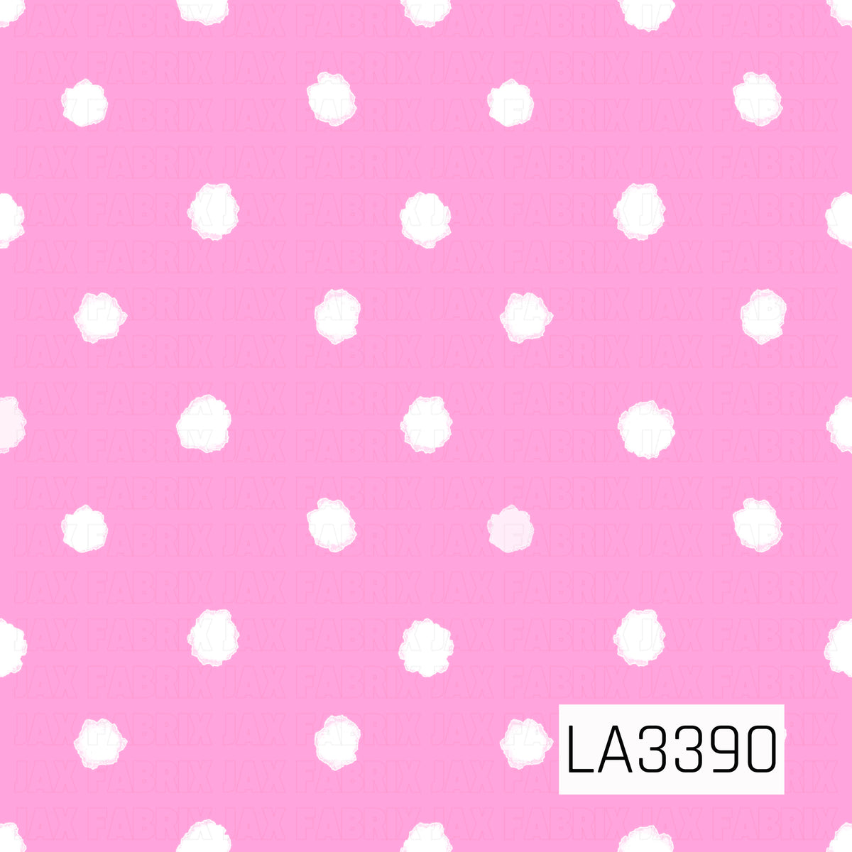A sweet and simple polka dot pattern featuring soft, watercolor-style white dots arranged in evenly spaced, staggered rows across a bright bubblegum pink background. The slightly irregular, textured edges of each dot give this classic design a playful, hand-painted feel.