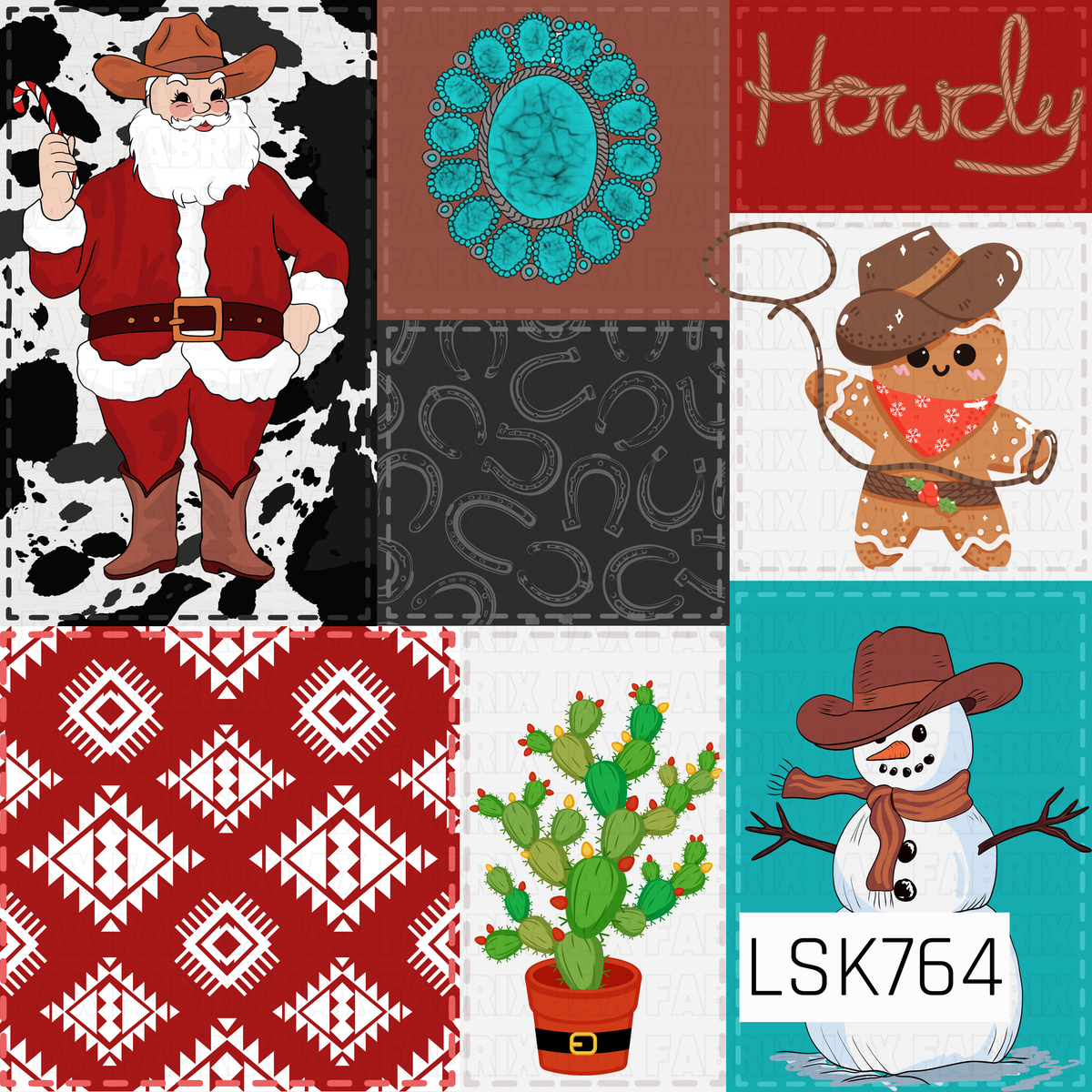 A playful western Christmas patchwork design featuring cowboy Santa, a lassoing gingerbread cowboy, a cowboy snowman, turquoise jewelry, horseshoes, festive cactus, cow print, and bold southwestern patterns. A fun mix of classic Christmas charm with rustic western flair.