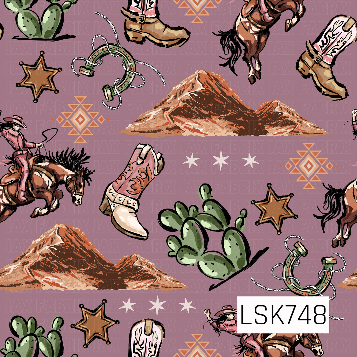 A vintage western print featuring bucking broncos, cowboys, cowboy boots, cacti, horseshoes, sheriff stars, desert mountains, and southwestern accents. Dusty mauve, rust, tan, sage green, and soft pink give it a feminine western feel.