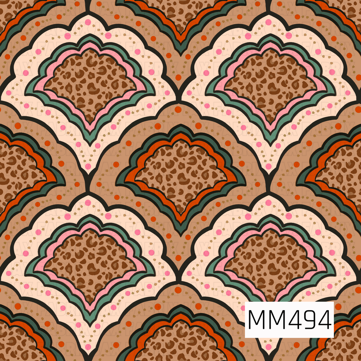 A bold retro western pattern featuring repeating layered scalloped fan shapes arranged in a tightly packed, overlapping layout. Each motif is built from curved bands of warm camel brown, creamy ivory, dusty pink, deep sage green, and vivid burnt orange, all defined with thick black outlines for a strong graphic look. The centers are filled with a hand-painted leopard print in rich chocolate brown over a warm tan base, adding an unexpected animal-print element. Scattered polka dots and tiny distressed speckl
