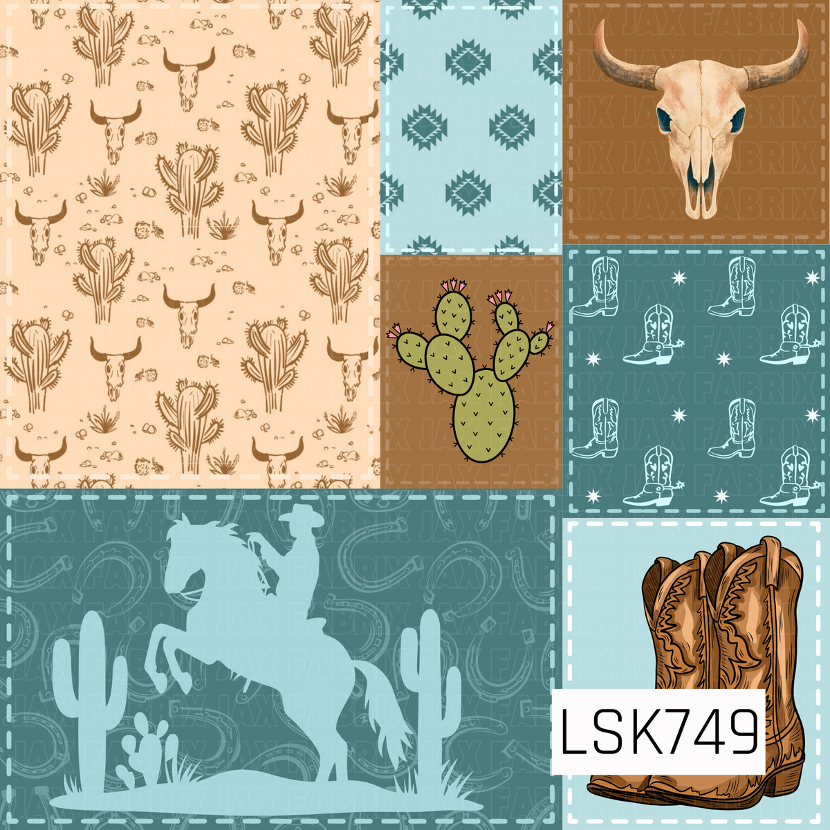 A western patchwork print featuring bull skulls, cacti, cowboy boots, a bucking bronco, horseshoes, and southwestern geometric accents. Soft aqua, dusty teal, warm tan, brown, and sage create a vintage desert-inspired color palette.