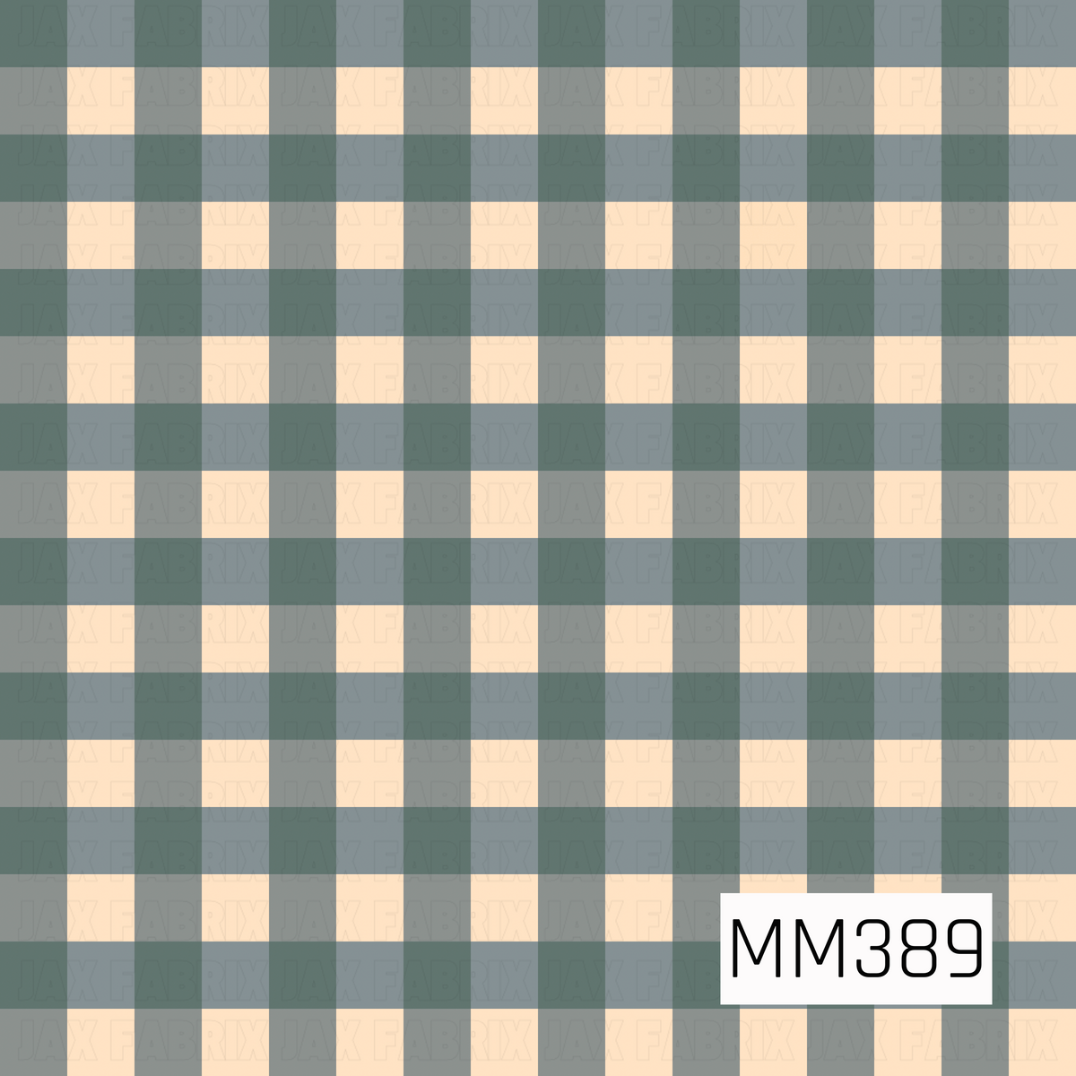 A classic oversized gingham plaid featuring soft sage and muted blue-gray checks layered over a warm cream background. The subtle, earthy color palette gives this timeless pattern a cozy, rustic feel.