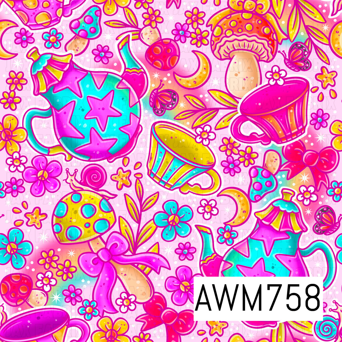 A cheerful seamless pattern featuring whimsical teapots, teacups, colorful mushrooms, flowers, bows, butterflies, crescent moons, and playful botanical accents in vibrant shades of pink, teal, yellow, orange, and purple, all set against a soft pastel pink background. The bright, magical artwork creates a fun fantasy-inspired design with a cozy storybook feel.