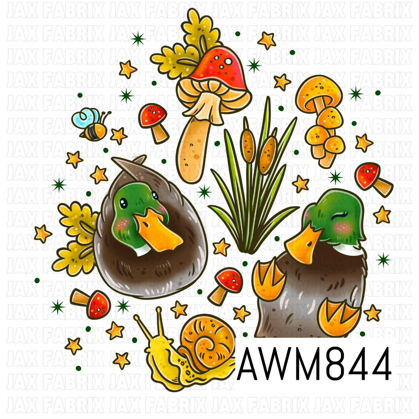 A transparent-background woodland clipart collection featuring two adorable mallard ducks with green heads and brown feathers, surrounded by cattails, red and yellow mushrooms, a smiling snail, a buzzing bee, golden star accents, and scattered greenery. The design uses warm autumn-inspired colors with charming hand-drawn details, making it perfect for rustic, nature, camping, and cottagecore-themed projects.