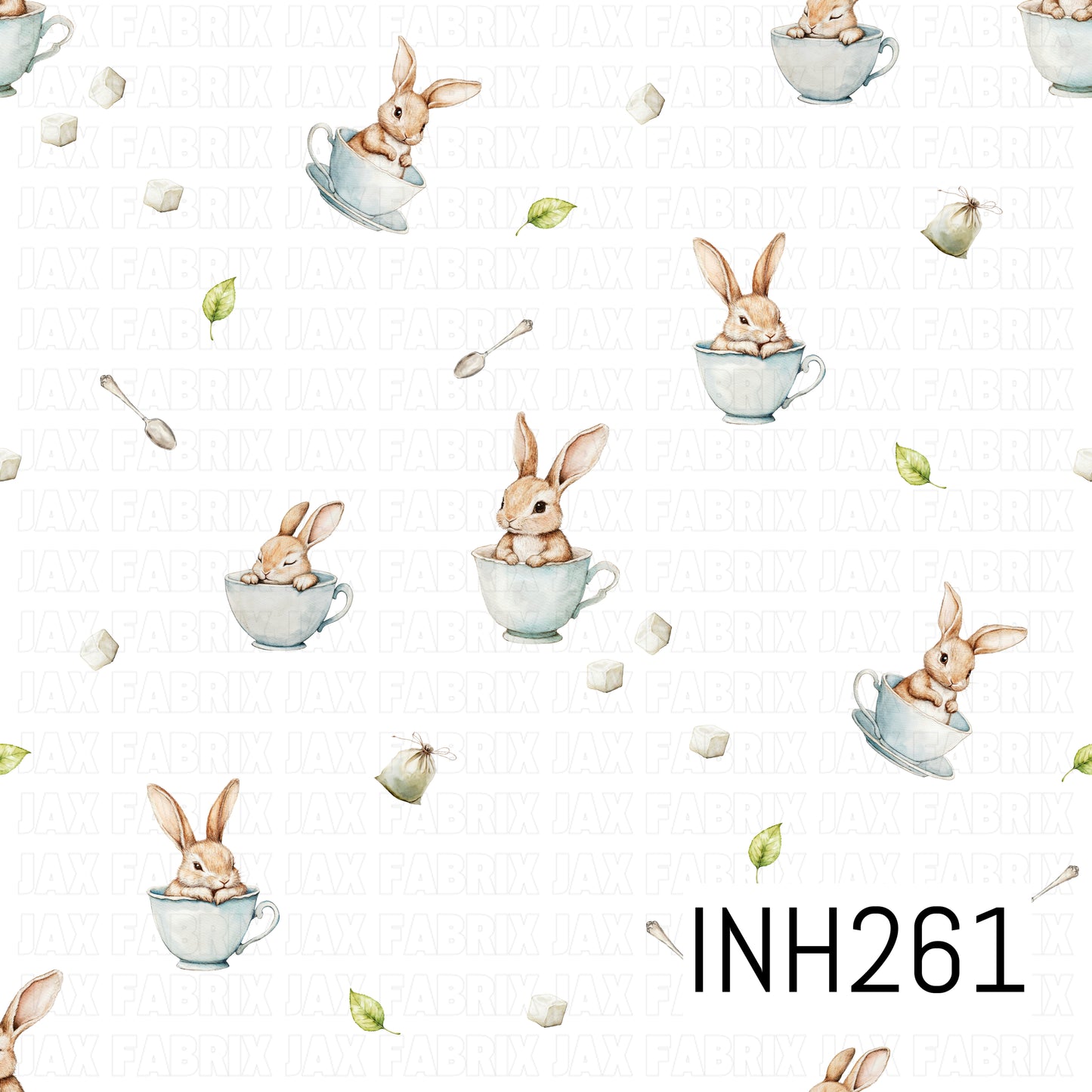 Pattern of bunnies in teacups on a white background
