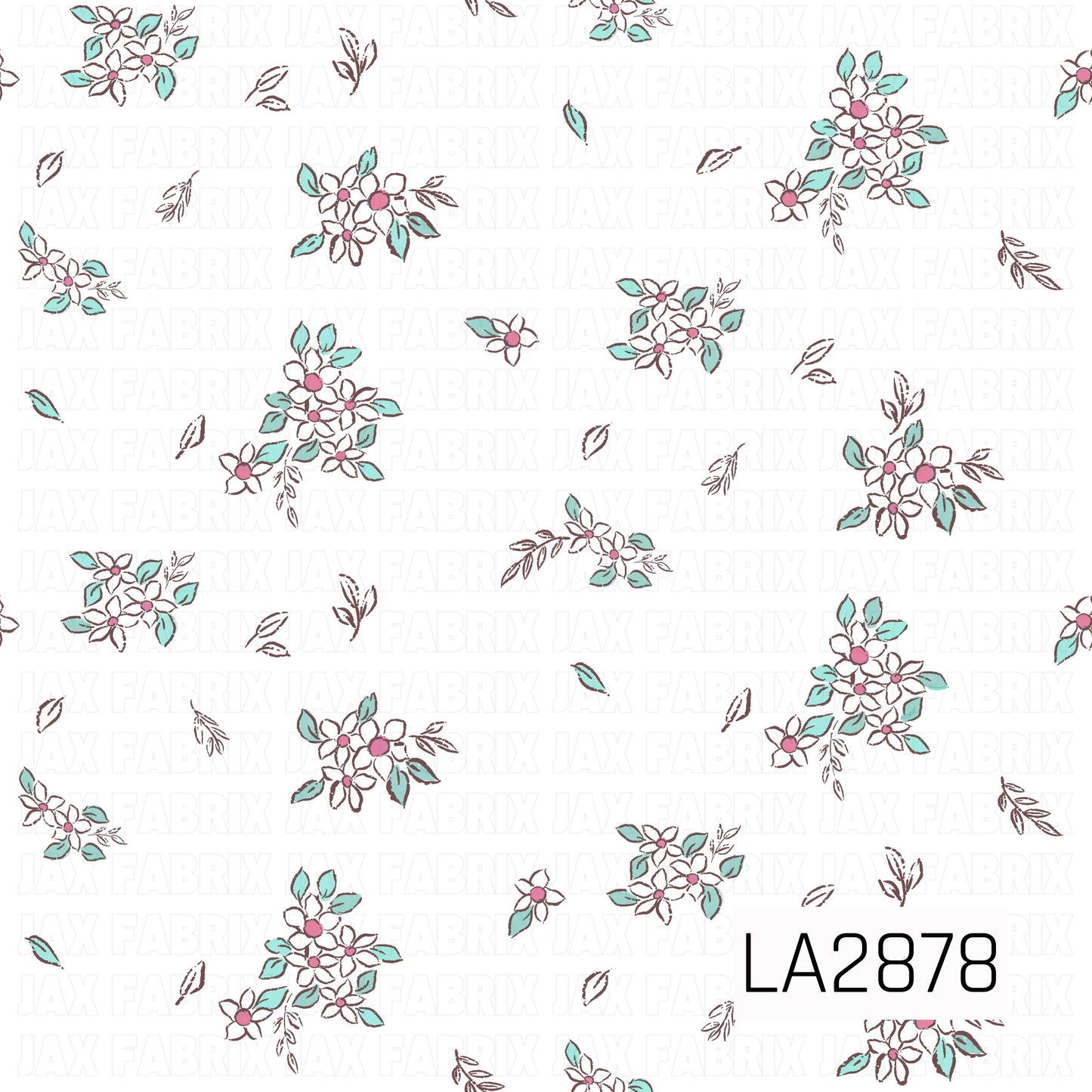 A delicate ditsy floral pattern featuring small white flowers with soft pink centers, accented by mint green leaves and warm brown stems. Scattered across a crisp white background, the fresh color palette creates a charming vintage-inspired design that's perfect for coordinating fabrics and bows.