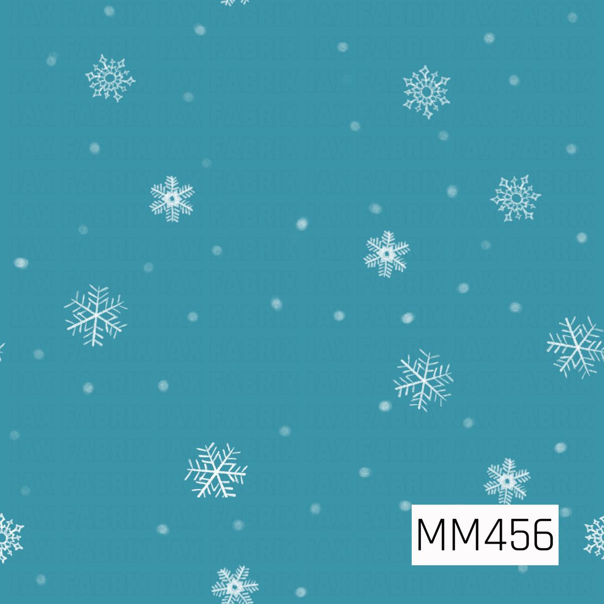 A whimsical winter pattern featuring a mix of delicate white snowflakes and softly textured falling snow scattered across a bright icy blue background. The variety of snowflake shapes and sizes gives the design a playful, hand-drawn feel while creating a simple snowy winter look.