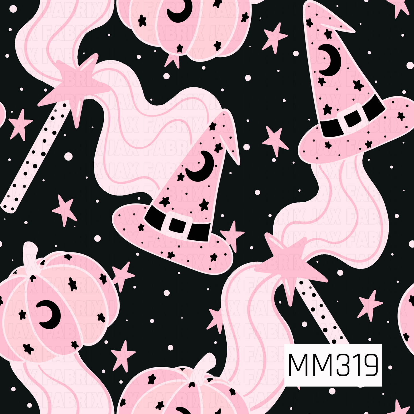 A whimsical seamless Halloween pattern featuring pink witch hats, pumpkins, magic wands, and flowing ghostly ribbons decorated with moons and stars on a black background. Scattered pink stars and white dots add a magical nighttime touch, creating a cute and enchanting spooky design with a soft pastel color palette.