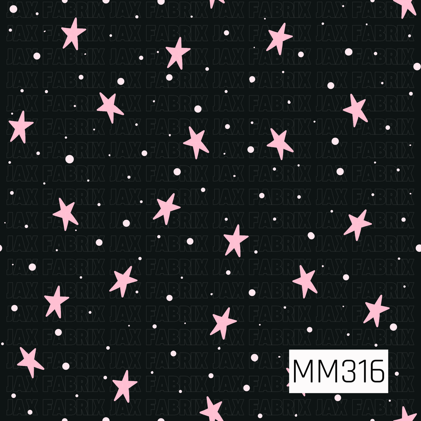 A simple seamless pattern featuring scattered soft pink stars and tiny coordinating dots on a solid black background. This clean celestial design adds a whimsical spooky-cute touch, making it a perfect coordinating print for Halloween, witchy, coquette, and dreamy collections.