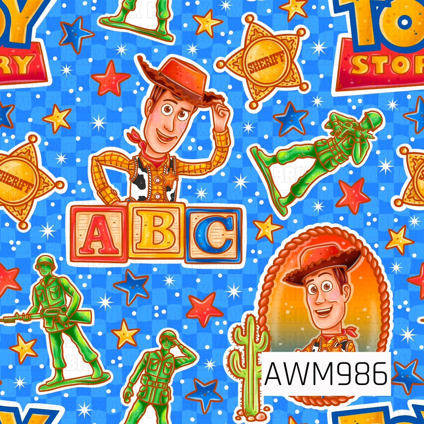 A playful toy-themed pattern featuring a friendly cowboy, green toy soldiers, sheriff badges, alphabet blocks, cacti, stars, and toy store signs scattered across a bright blue checkered background. White sparkles and colorful stars fill the spaces between the elements, creating a fun and energetic design inspired by classic toy adventures and western themes. The bold primary colors and nostalgic toy motifs make this print cheerful, adventurous, and perfect for fans of animated toy stories.