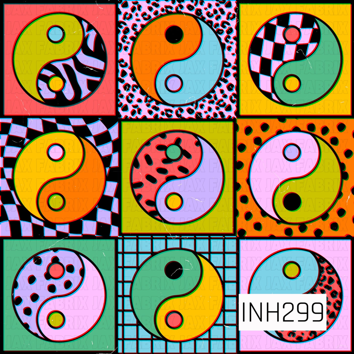 very bright yin yang pattern in squares with different designs. cheetah, c\wavy check, spots and solids
