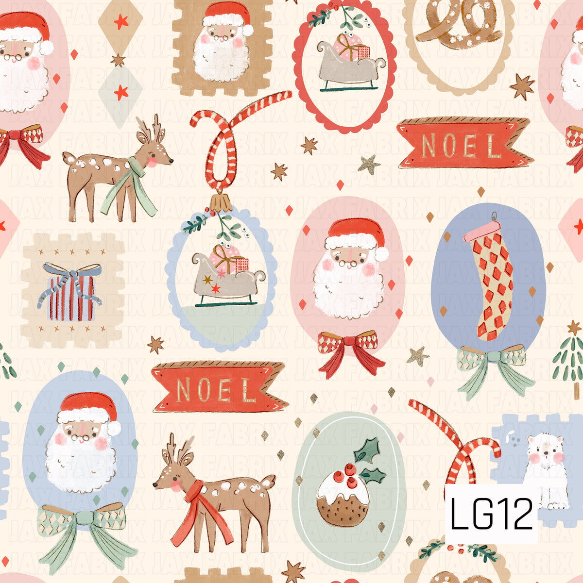 A whimsical vintage Christmas pattern filled with hand-painted holiday illustrations including rosy-cheeked Santas, reindeer, sleighs, stockings, presents, bows, candy canes, Christmas pudding, pretzels, stars, and “Noel” banners. Soft pink, powder blue, mint, red, and warm neutrals give it a playful nostalgic feel.