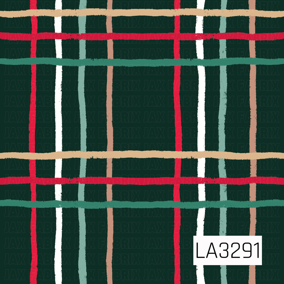 A hand-drawn plaid featuring a deep forest green background with rustic red, cream, sage and warm tan stripes. The slightly imperfect, textured lines give it a cozy, organic feel.