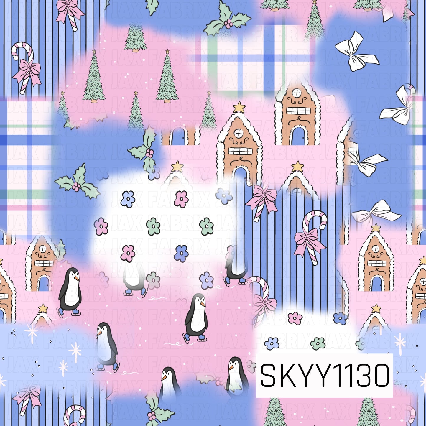 A whimsical patchwork-style Christmas pattern featuring playful holiday scenes in pastel pink, blue, mint, and white. The design mixes gingerbread houses, skating penguins, Christmas trees, candy canes with bows, holly, tiny florals, and striped accents layered together in a fun collage effect.