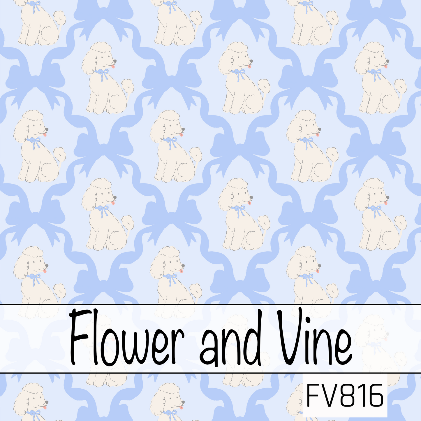 A charming seamless pattern featuring fluffy white poodles paired with oversized powder blue bows on a soft blue background. The playful bow lattice creates a sweet, preppy look, making this design both timeless and elegant.
