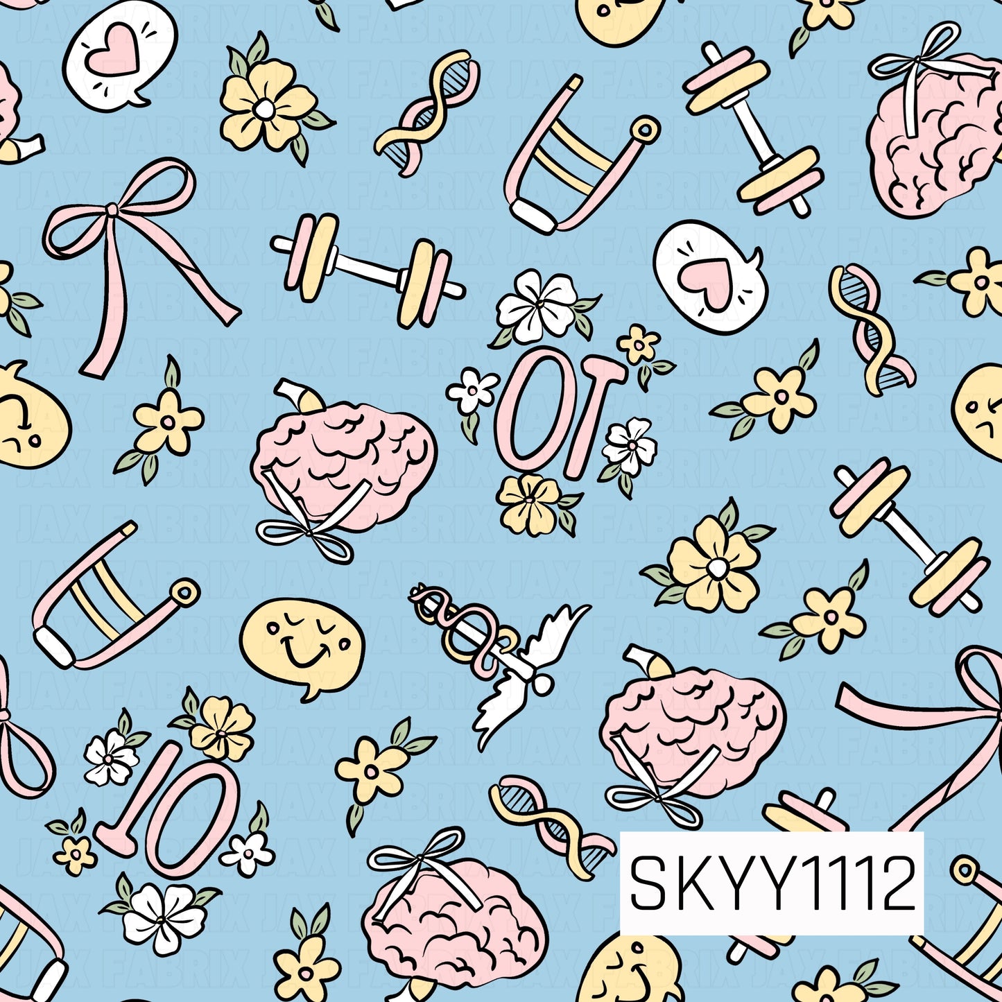 A playful occupational therapy pattern featuring bows, brains, dumbbells, DNA strands, speech bubbles, flowers, therapy swings, and milestone numbers on a soft blue background. Pastel pink, yellow, and blue accents create a fun, encouraging design.