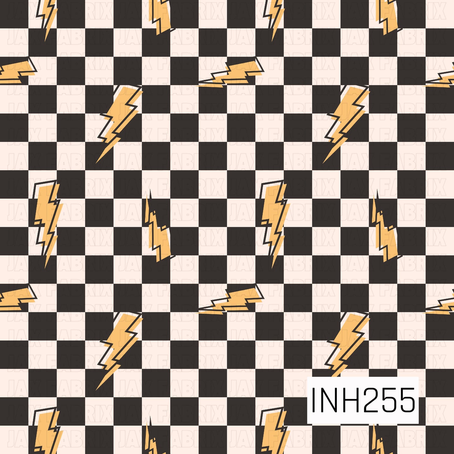 Black and cream checkered background with scattered golden yellow lightning bolts outlined in black. A fun, high-energy design that's perfect for superhero, racing, sports, or adventure-themed projects.