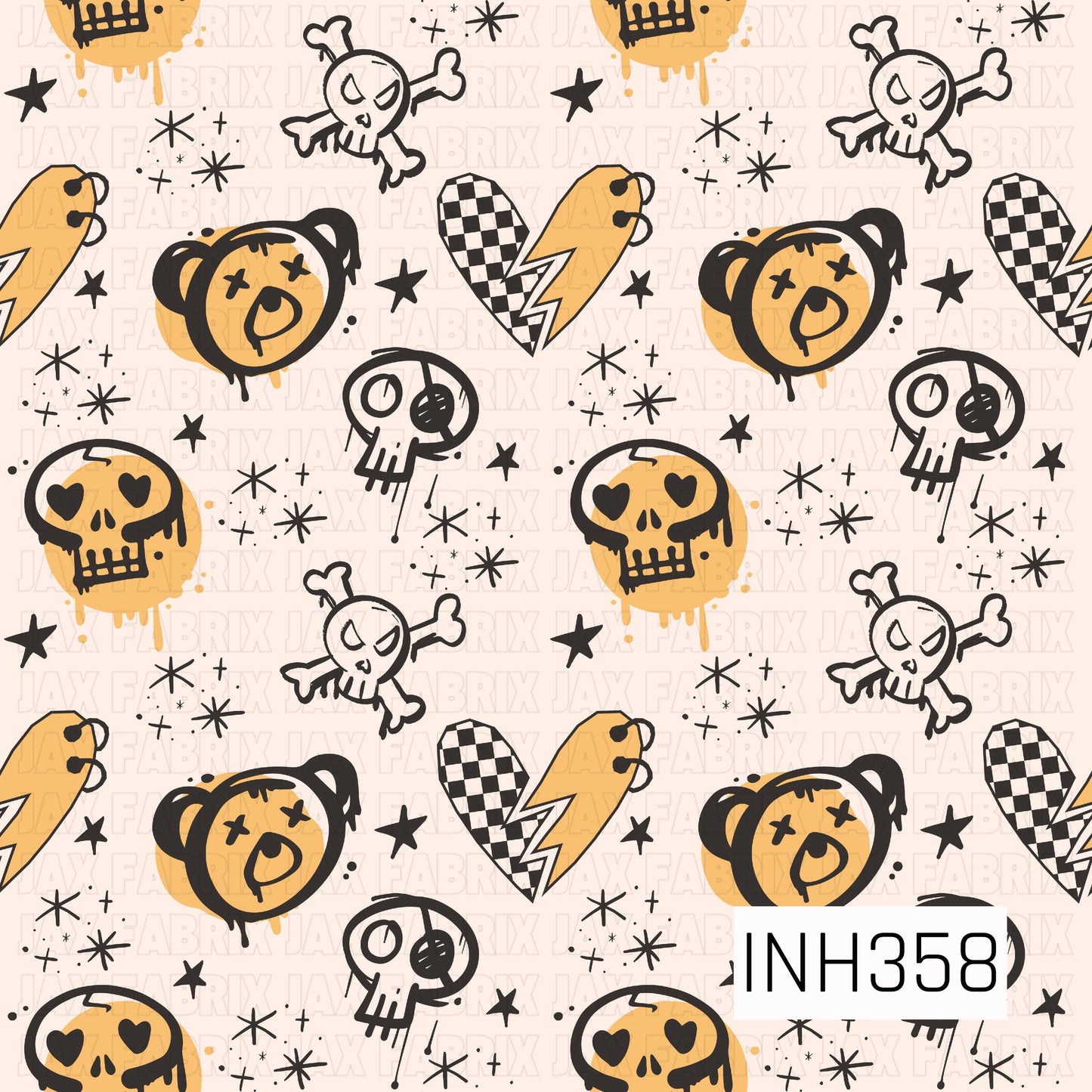 Cream background with scattered hand-drawn golden yellow and black doodles, including bears, skulls, crossbones, lightning bolts, stars, and sparkles in a playful grunge style.