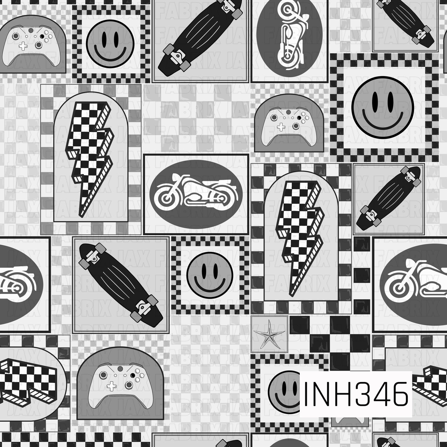 A bold monochromatic patchwork pattern featuring skateboards, gaming controllers, motorcycles, smiley faces, lightning bolts, and checkered motifs arranged within geometric panels. Layered black, white, and gray checkerboard textures create a modern streetwear-inspired look, while the mix of skating, gaming, and racing elements gives the design an energetic, edgy, and urban feel.
