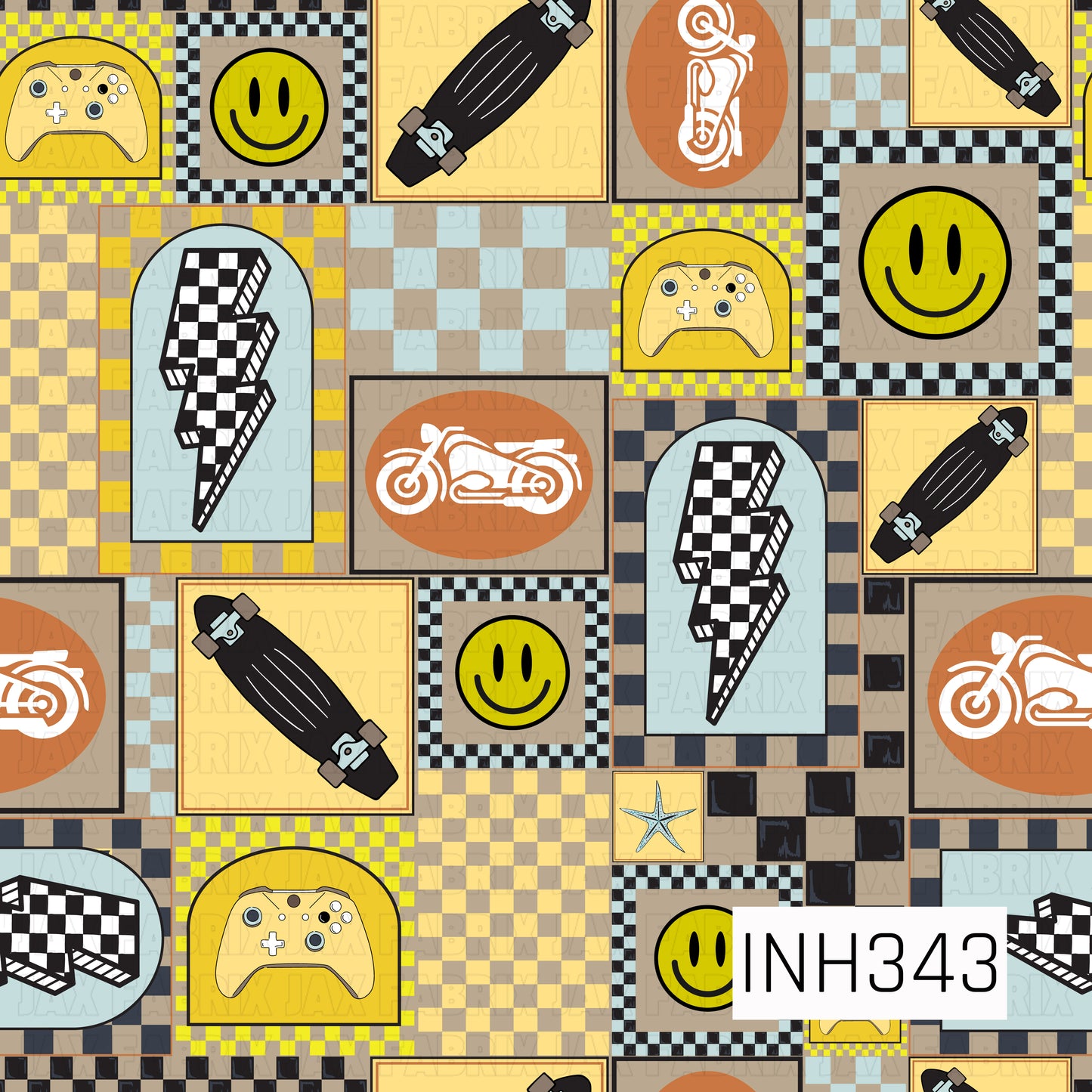 A bold retro patchwork pattern featuring skateboards, gaming controllers, motorcycles, smiley faces, lightning bolts, and checkered motifs arranged in a collage of geometric panels. Layered checkerboard textures in yellow, black, blue, tan, and cream create a vintage streetwear aesthetic, while the mix of skating, gaming, and racing-inspired elements gives the design an energetic, edgy, and youthful vibe.