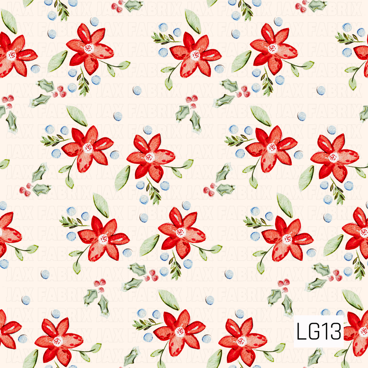 A delicate watercolor Christmas floral pattern featuring vibrant red five-petal flowers with soft pink accents and speckled white centers. Scattered throughout are sage green leaves, delicate greenery sprigs, holly leaves with red berries, and soft dusty blue berries. Set against a warm ivory background, the hand-painted details create a charming, festive botanical design with a soft, whimsical feel.