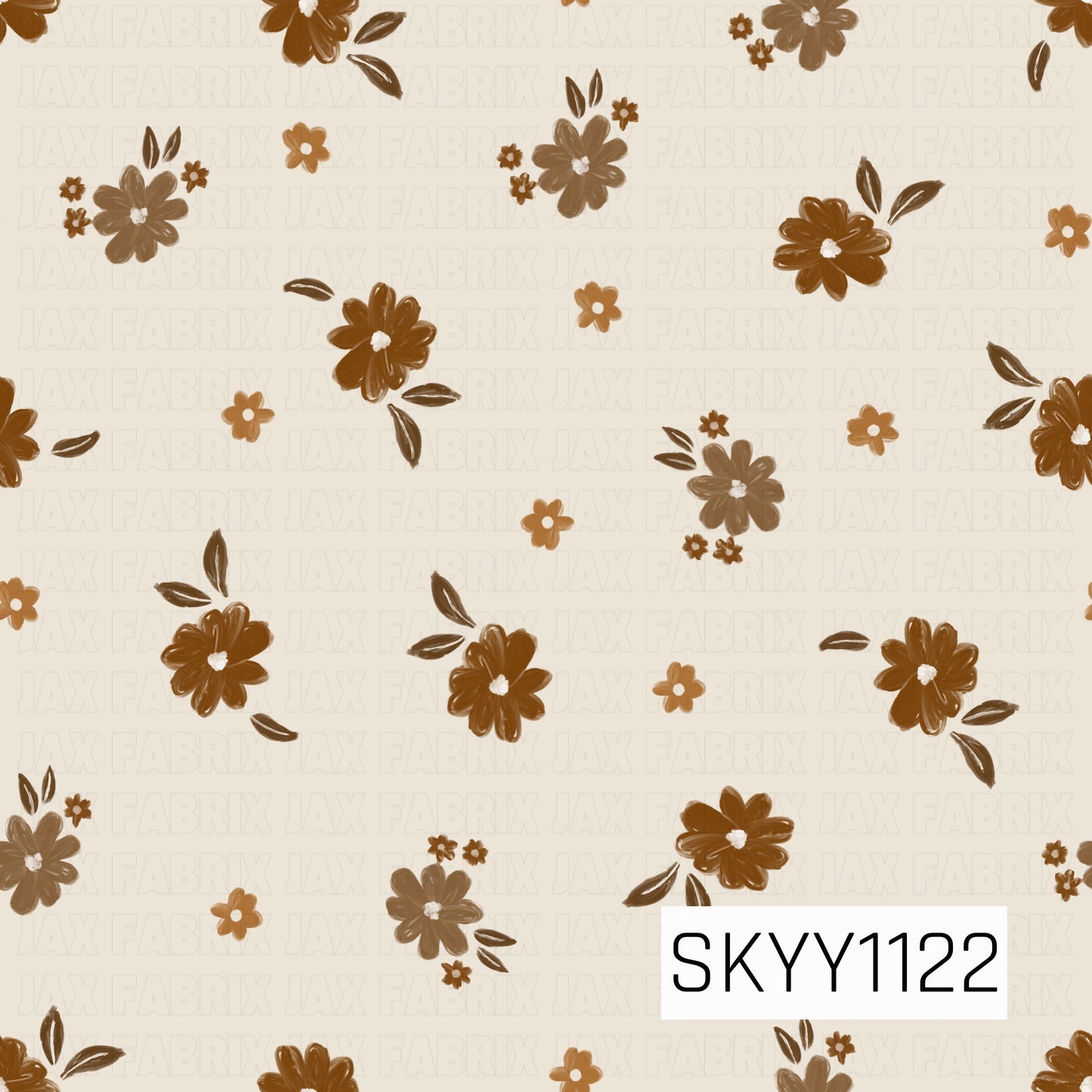 A warm neutral floral seamless pattern featuring hand-painted flowers and scattered leaves in rich caramel, chestnut brown, and soft tan. The creamy background and loose, organic arrangement give the design a cozy, earthy fall feel.