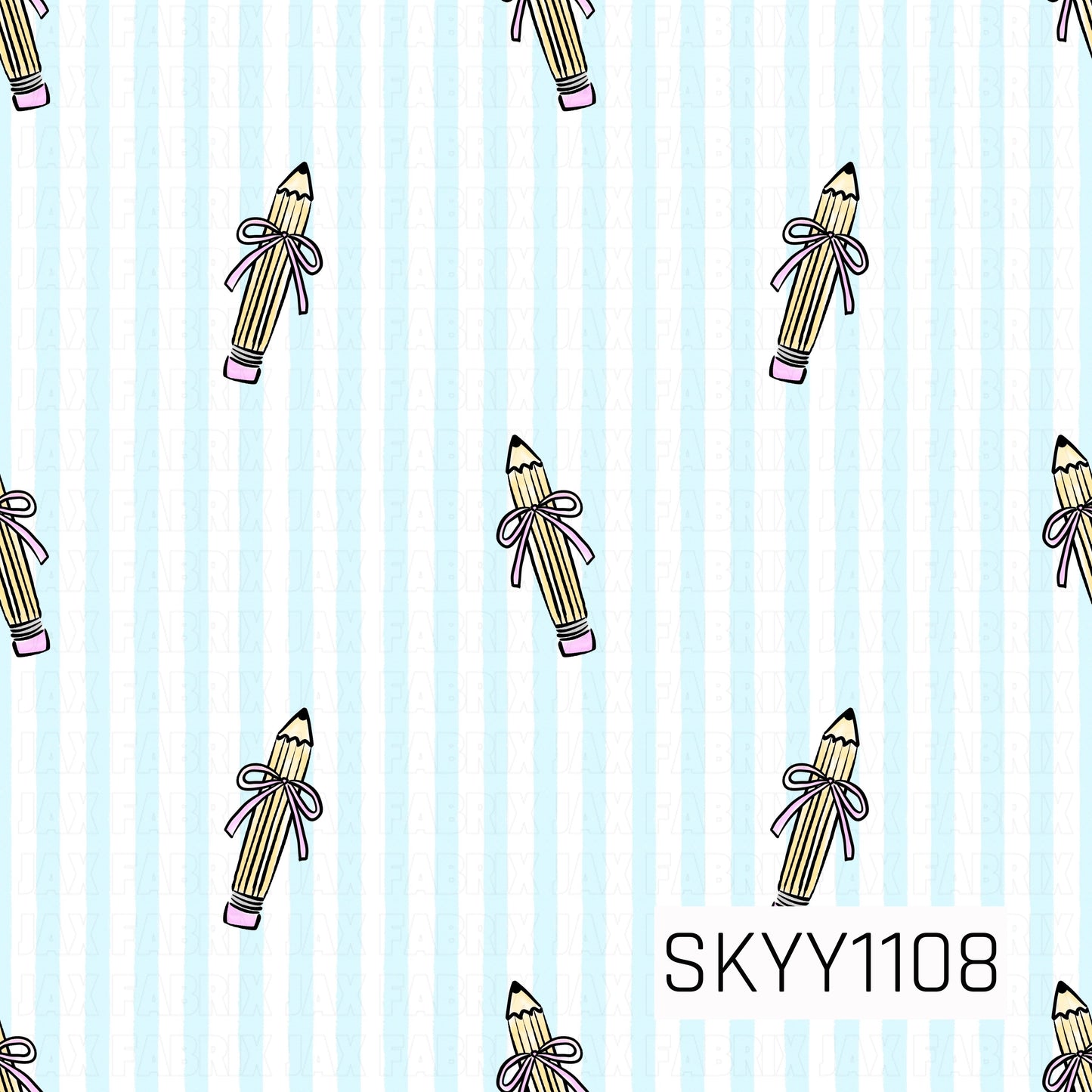 A sweet back-to-school pattern featuring charming vintage pencils tied with lavender bows, scattered over soft blue watercolor stripes on a crisp white background. The coquette-inspired details add a playful, nostalgic touch.