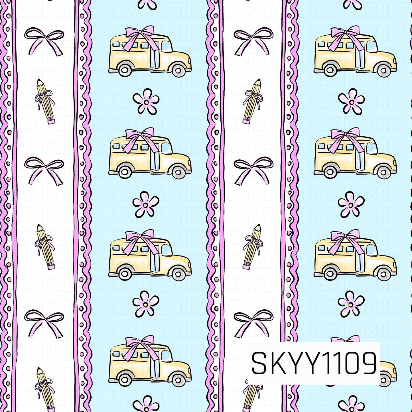 A charming coquette-inspired striped pattern featuring vintage school buses with pink bows, dainty ribbon-tied pencils, bows, and tiny flowers. Soft blue and white stripes with pink scalloped borders give this design a sweet back-to-school look.
