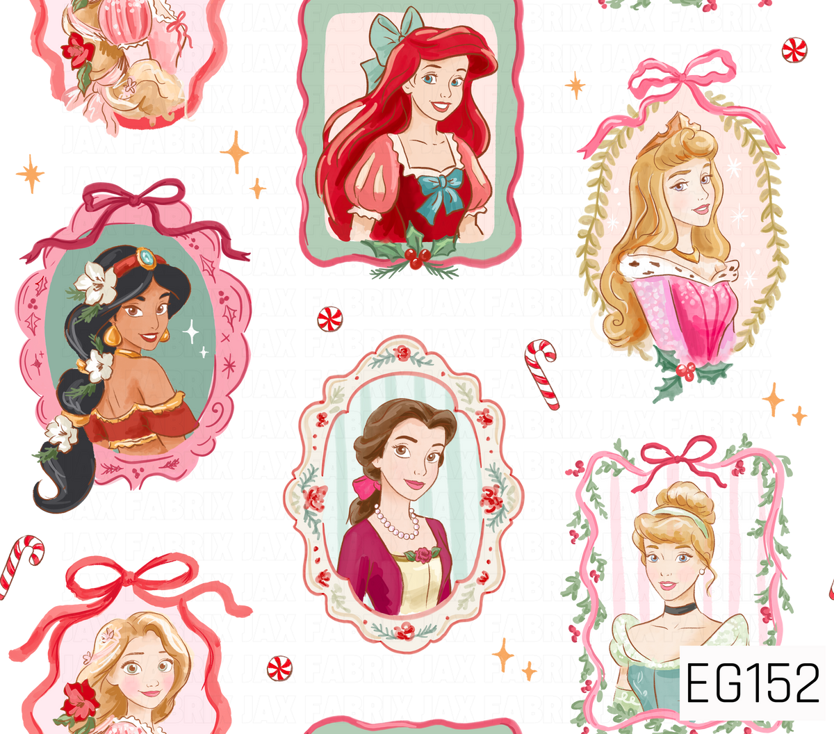 A festive princess pattern featuring storybook-style portraits in whimsical frames, accented with bows, florals, candy canes, peppermint candies, and sparkling details.