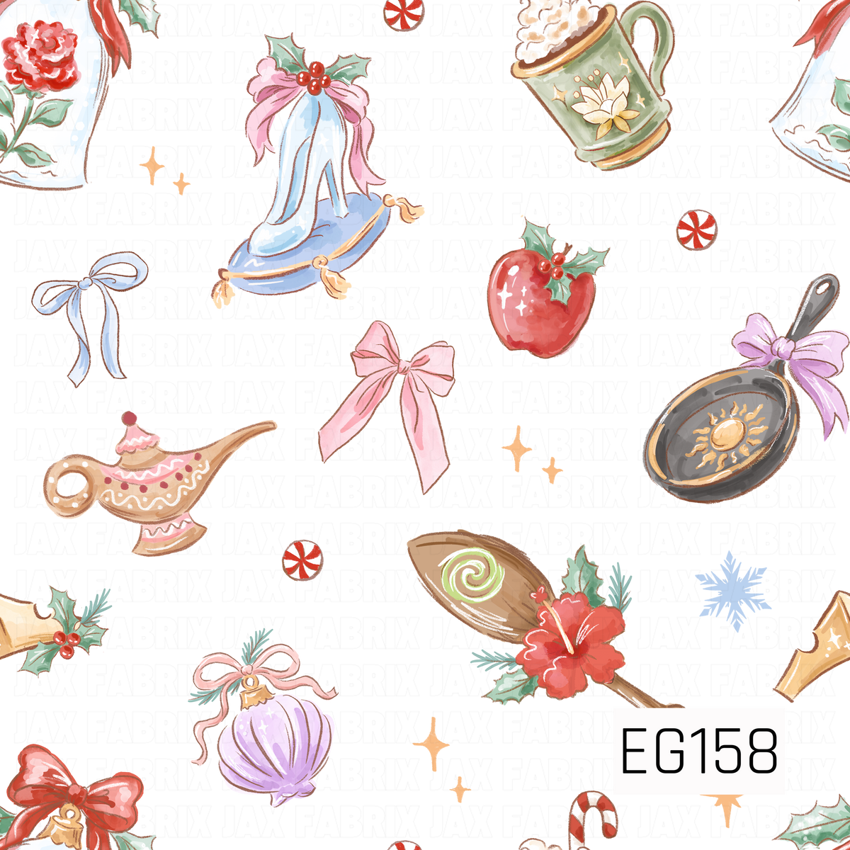 A whimsical holiday pattern featuring princess-inspired treasures, including a glass slipper, magic lamp, frying pan, floral brush, and festive mug, accented with bows, holly, peppermint candies, and sparkling details.