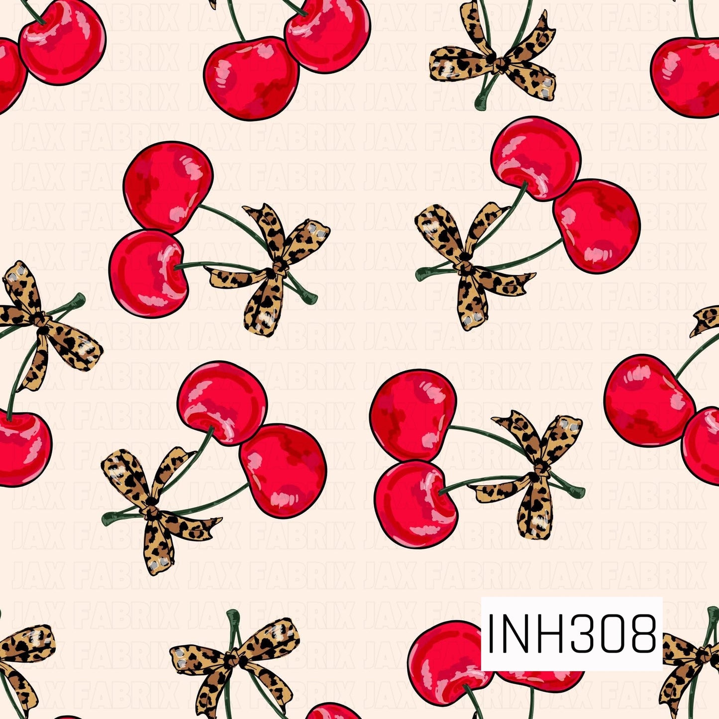 Sweet red cherries tied with leopard-print bows are scattered across a soft cream background, creating a playful and trendy pattern with a charming boutique-inspired style.