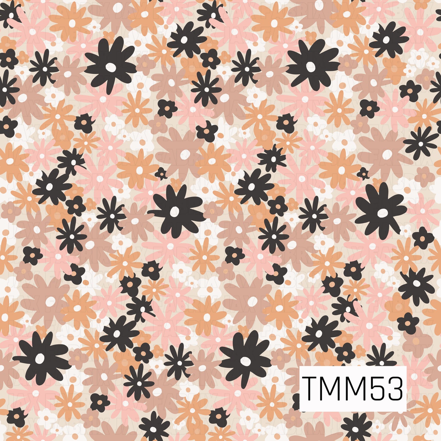 A dense scatter of daisies and wildflowers in warm pumpkin orange, blush pink, taupe, cream, and charcoal creates a charming allover floral pattern with a cozy autumn-inspired color palette.