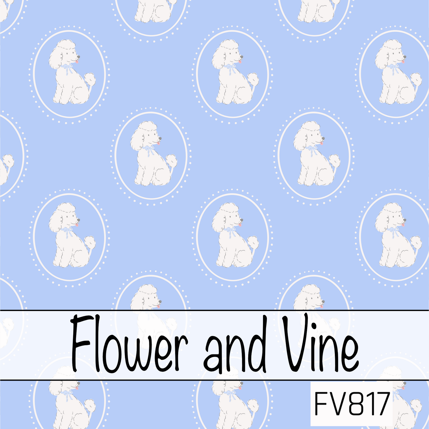 A classic seamless pattern featuring fluffy white poodles framed inside delicate white oval cameos on a soft powder blue background. Finished with tiny blue bows and dotted oval borders, this timeless design offers a sweet, elegant look with vintage-inspired charm.