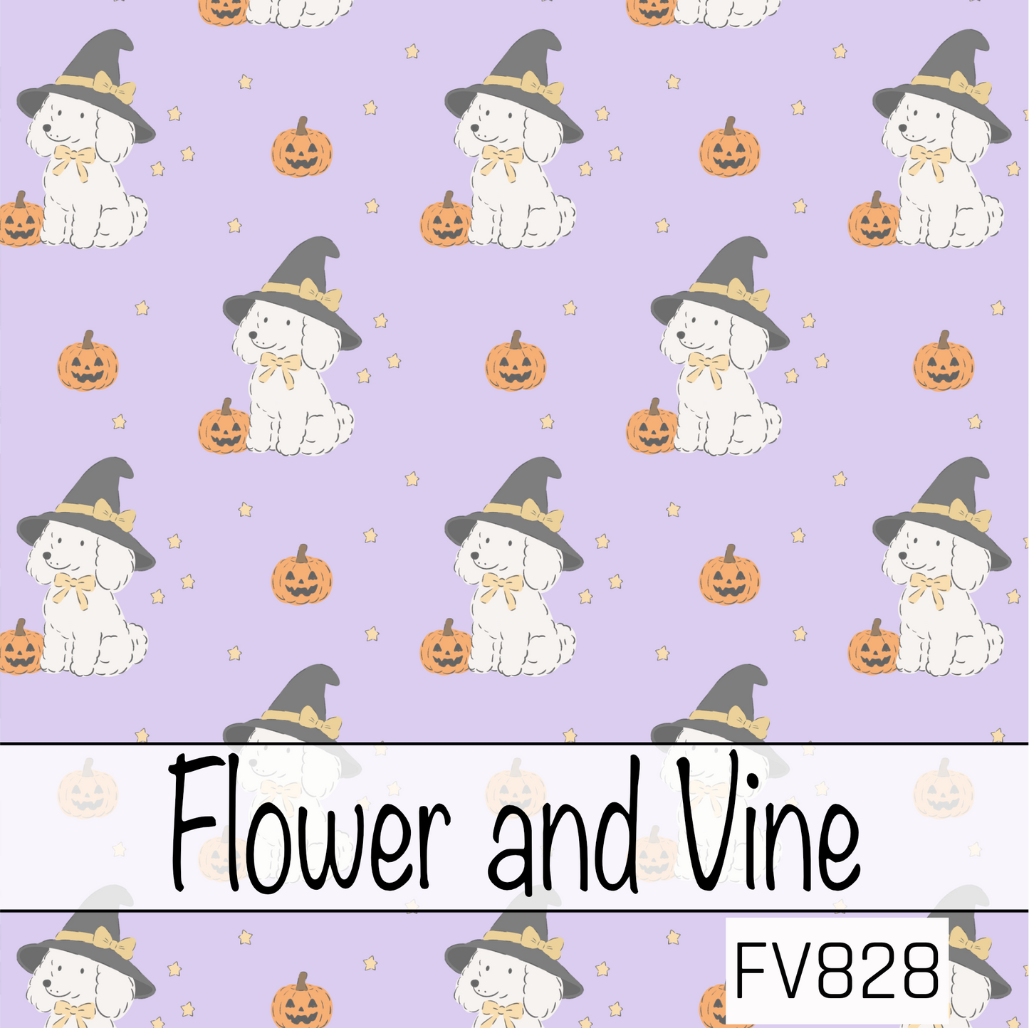 A cute seamless Halloween pattern featuring fluffy white puppies wearing classic black witch hats with golden bows, surrounded by smiling jack-o'-lanterns and tiny golden stars on a soft lavender background. This sweet spooky design perfectly blends playful Halloween charm with a cozy, whimsical feel.