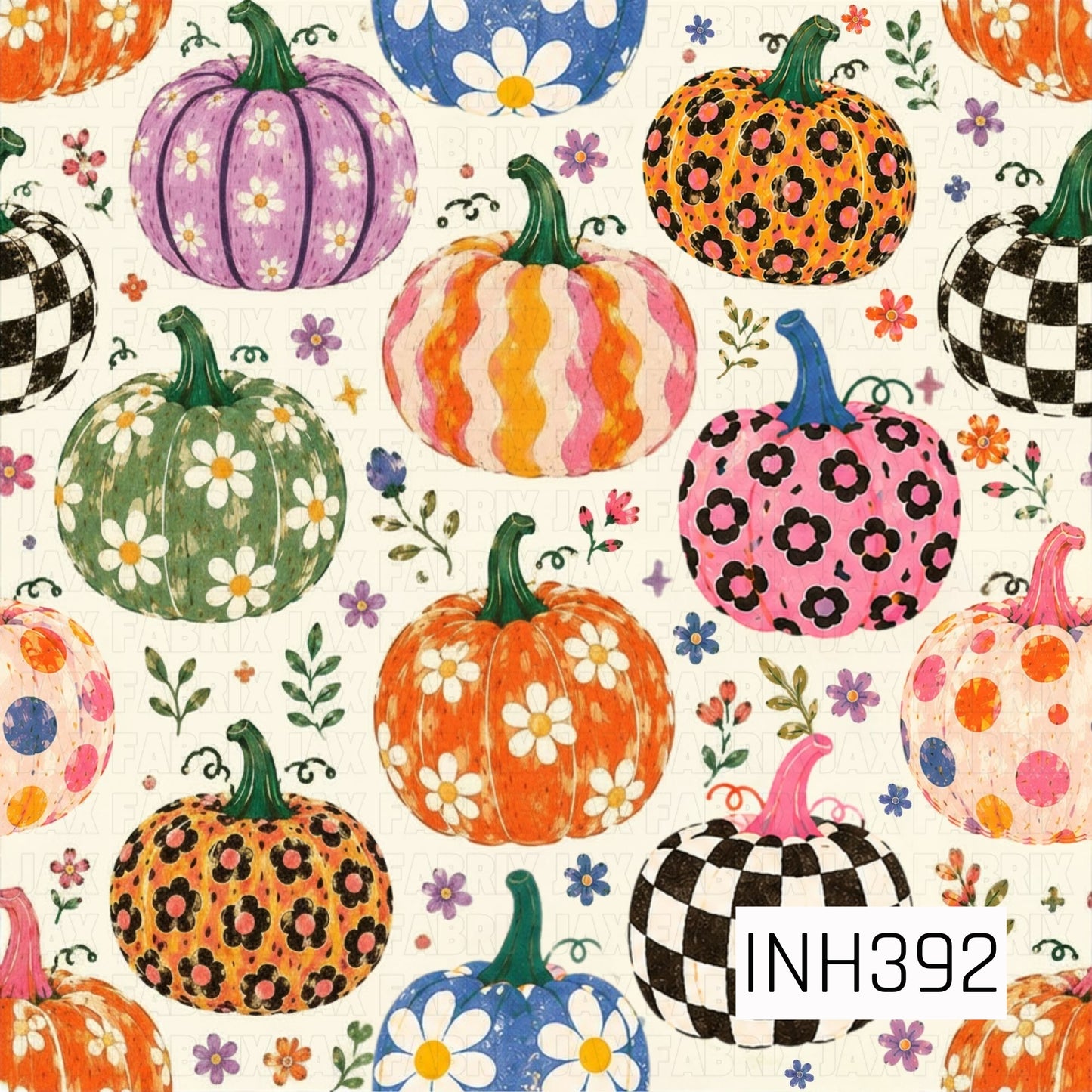 A playful autumn pattern featuring whimsical pumpkins decorated with florals, checkerboard, polka dots, leopard print, daisies, and colorful stripes scattered across a warm cream background. Tiny flowers, leafy sprigs, and curling vines fill the spaces between the pumpkins, while vibrant shades of orange, pink, purple, blue, green, black, and white create a fun, retro-inspired fall design full of personality.