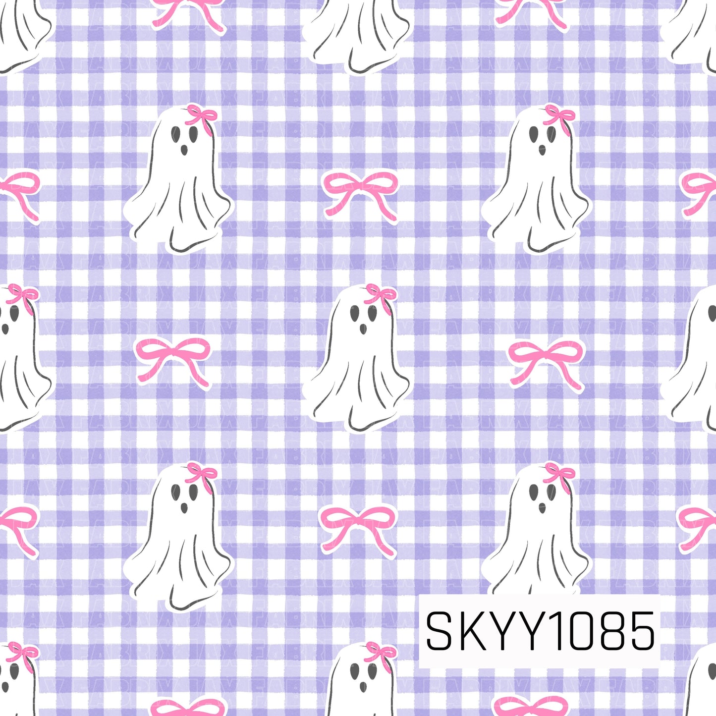 A sweet and spooky seamless pattern featuring adorable white ghosts accented with pink bows, scattered across a soft lavender and white gingham background. Delicate pink bow accents add an extra touch of charm, creating a playful Halloween design with a cute, feminine aesthetic.