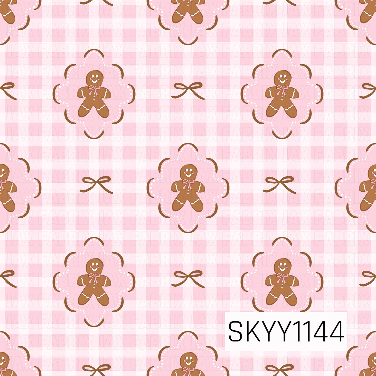 A sweet gingerbread Christmas seamless pattern featuring smiling gingerbread people framed in scalloped pink shapes. Delicate brown bows are scattered throughout over a soft pink gingham background for a cozy, feminine holiday look.