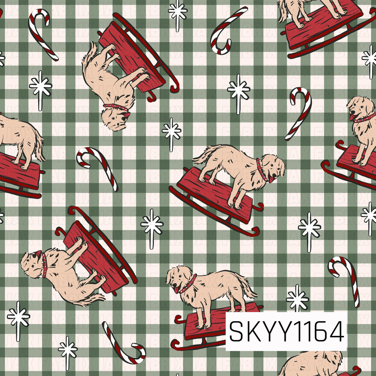 A playful Christmas pattern featuring golden retrievers riding bright red sleds, scattered with candy canes and whimsical white snowflakes. A muted green and ivory gingham background adds a cozy, vintage-inspired holiday feel.