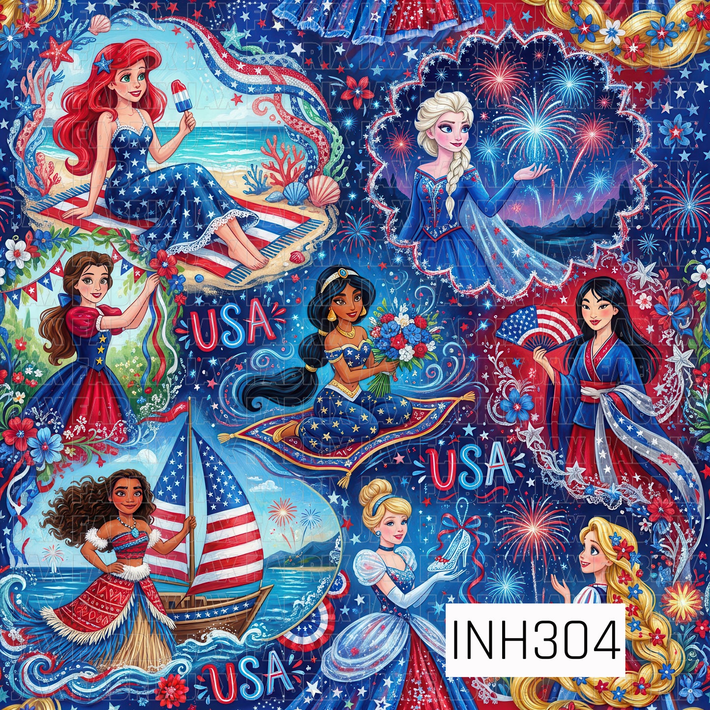 Character girls celebrating the 4th of July. one on a magic carpet, one with fireworks, one with a glass shoe, one at the beach on a towel with a popsicle one with a very long braid. all in red white and blue