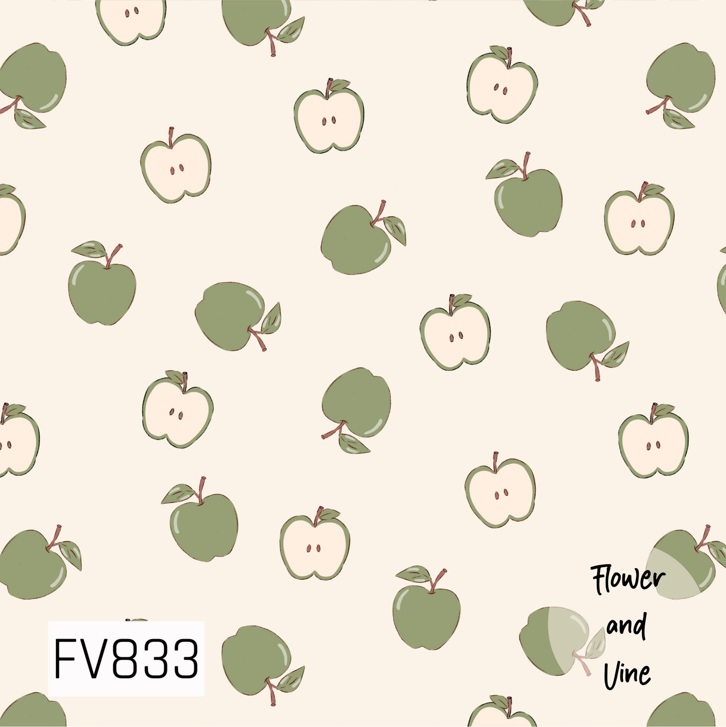 A sweet, hand-drawn apple print featuring scattered whole and sliced apples in soft sage green and cream. Delicate leaves, brown stems, and subtle sketch-style details give the design a charming, organic feel. Set against a warm ivory background, this simple apple pattern is perfect for back-to-school, teacher-inspired, fall, or everyday designs.