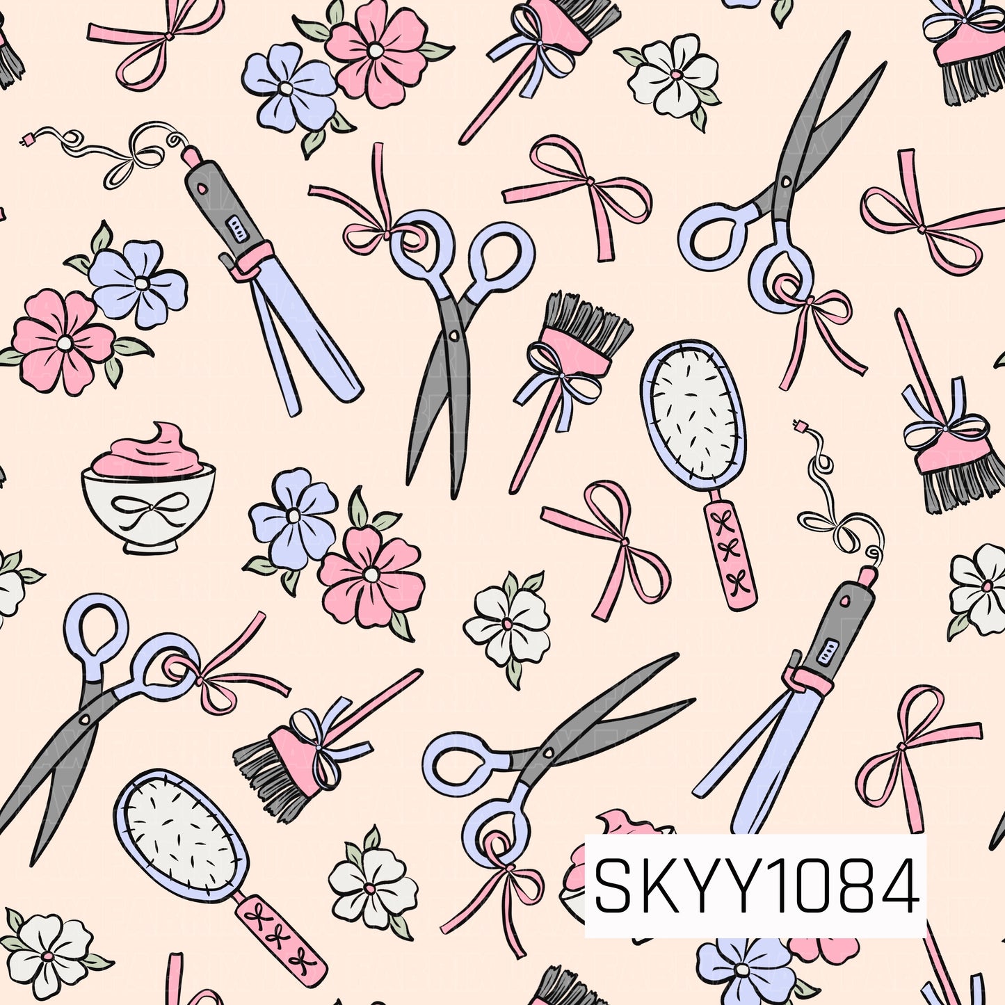A charming hairstylist-inspired pattern featuring scissors, curling irons, styling brushes, bows, flowers, and sweet treats scattered across a soft cream background. The pastel pink, lavender, and gray palette gives this playful design a cute, feminine feel.