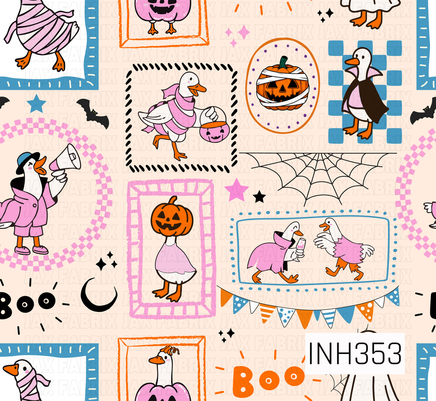 A charming Halloween pattern featuring geese dressed in playful costumes, including mummies, vampires, pumpkin disguises, and trick-or-treat outfits. The geese are displayed inside decorative frames and surrounded by festive Halloween elements such as jack-o'-lanterns, spiderwebs, bats, stars, moons, and colorful bunting. The soft cream background and pastel pink, blue, orange, black, and purple palette create a cute, whimsical Halloween vibe that is fun and family-friendly rather than spooky.
