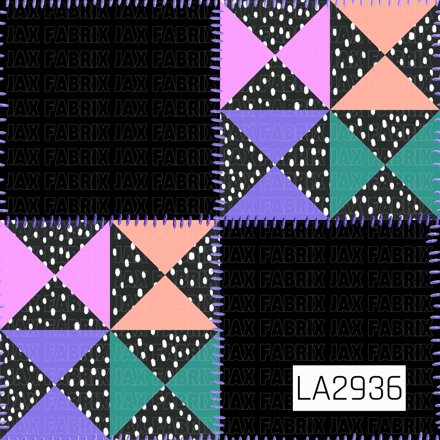 A playful patchwork design featuring bold quilt blocks in purple, peach, teal, and black with whimsical white speckles. Framed with stitched details, this fun geometric pattern brings a funky, modern twist to a classic quilt-inspired look.
