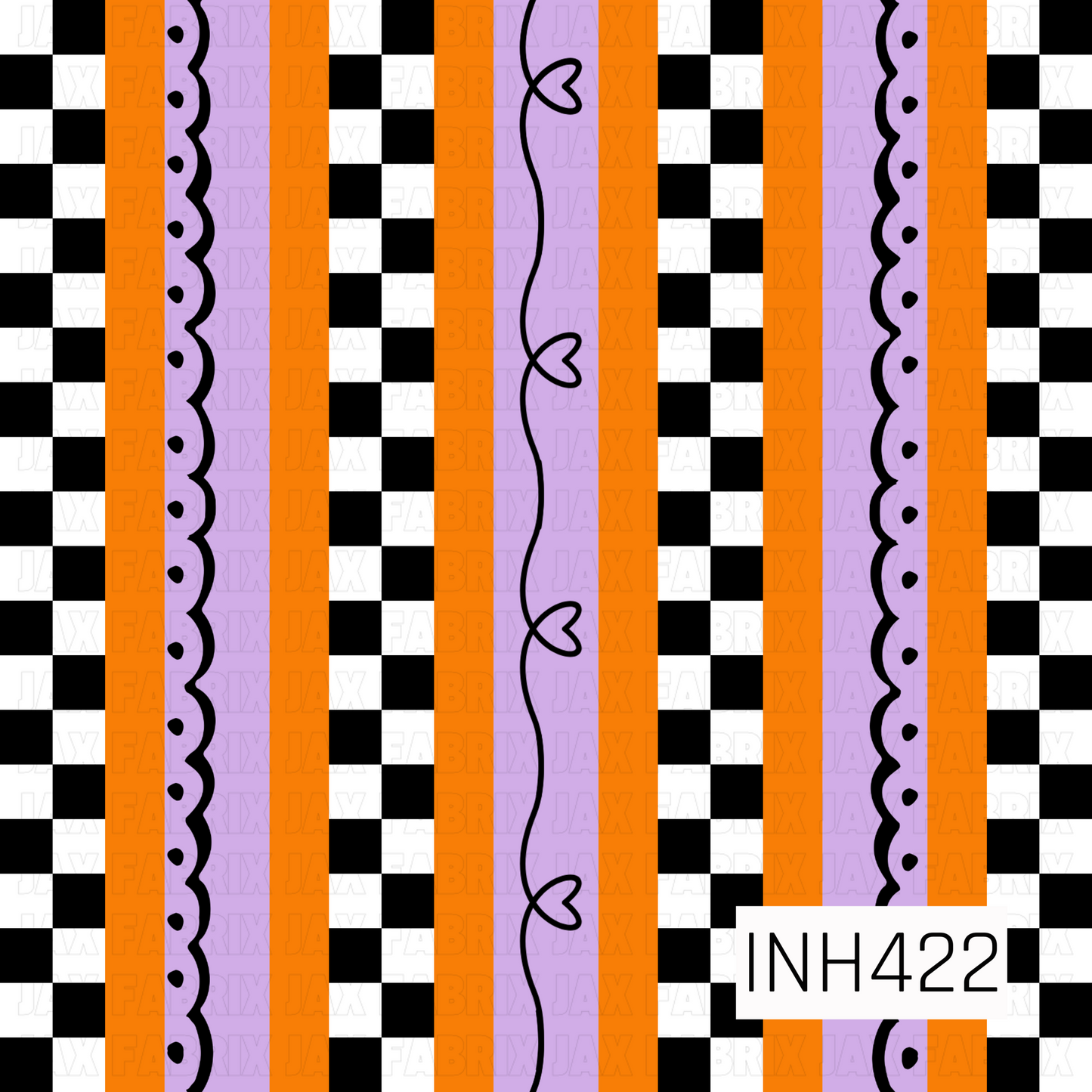 Halloween stripes featuring bold orange and purple bands, black-and-white checkers, scalloped details, and whimsical black hearts.