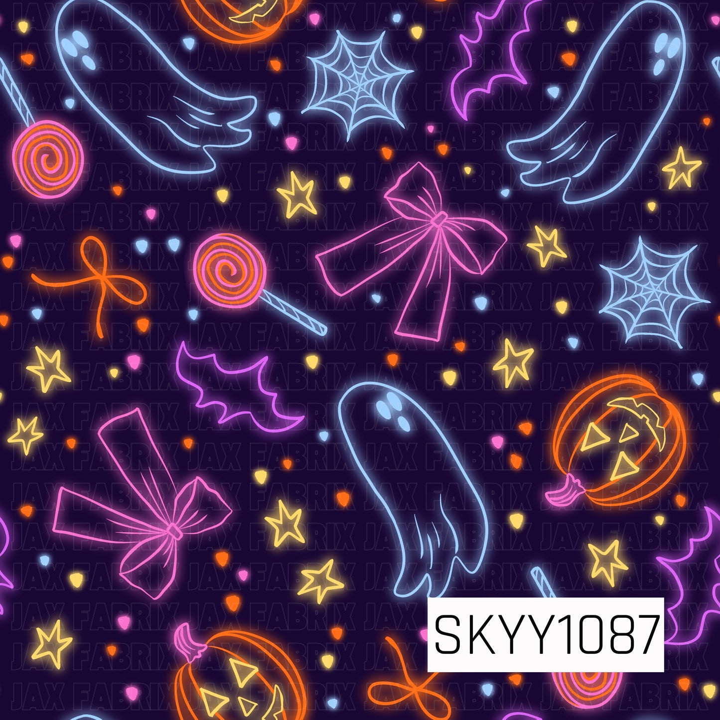 A vibrant seamless Halloween pattern featuring glowing neon-style ghosts, bows, jack-o'-lanterns, spider webs, bats, lollipops, stars, and colorful confetti hearts on a deep purple background. The bright pink, orange, blue, and yellow neon accents create a fun, retro-inspired design with a playful spooky vibe.