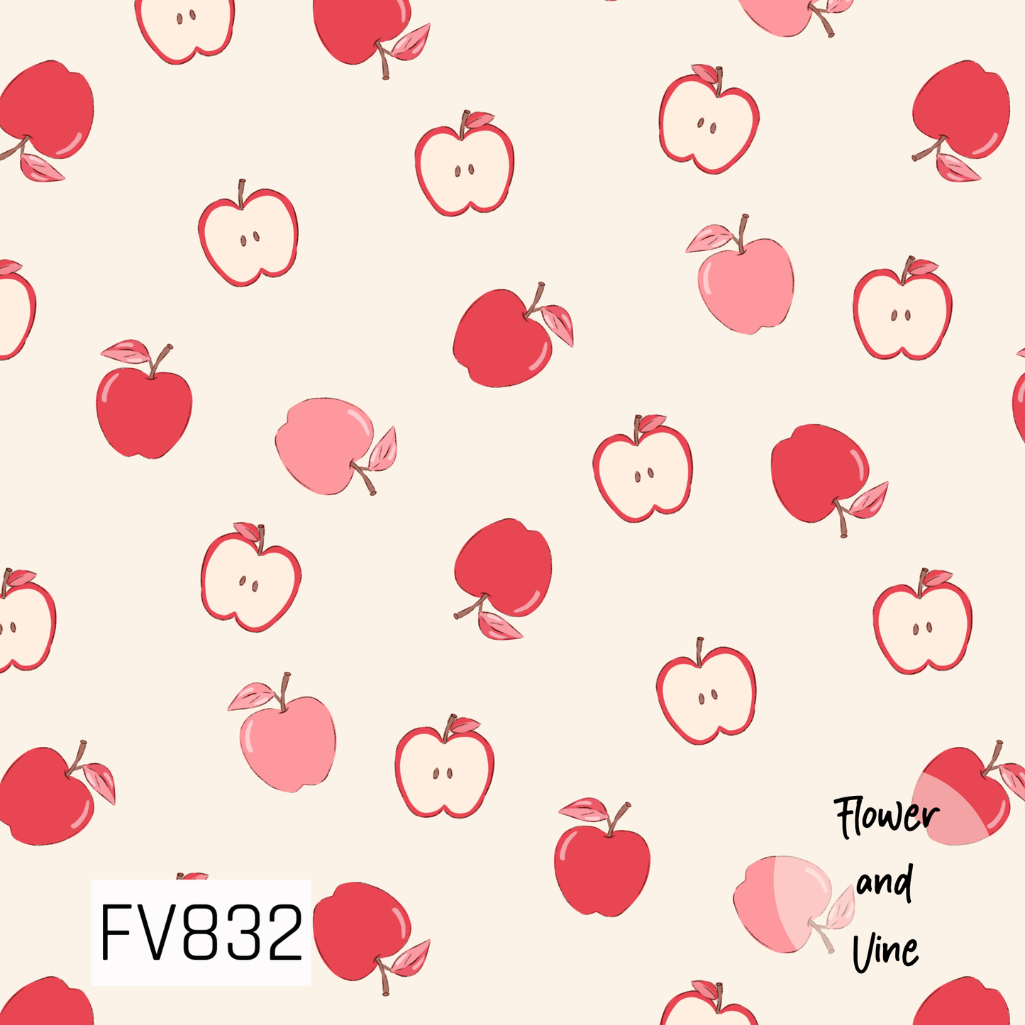 A sweet, hand-drawn apple print featuring scattered whole and sliced apples in cheerful shades of red, rosy pink, and cream. Delicate stems and pink leaves add a whimsical touch, while the warm ivory background keeps the design soft and playful. The loose spacing and sketch-like details give it a charming storybook feel, perfect for back-to-school, teacher-inspired, fall, or everyday fruity designs.