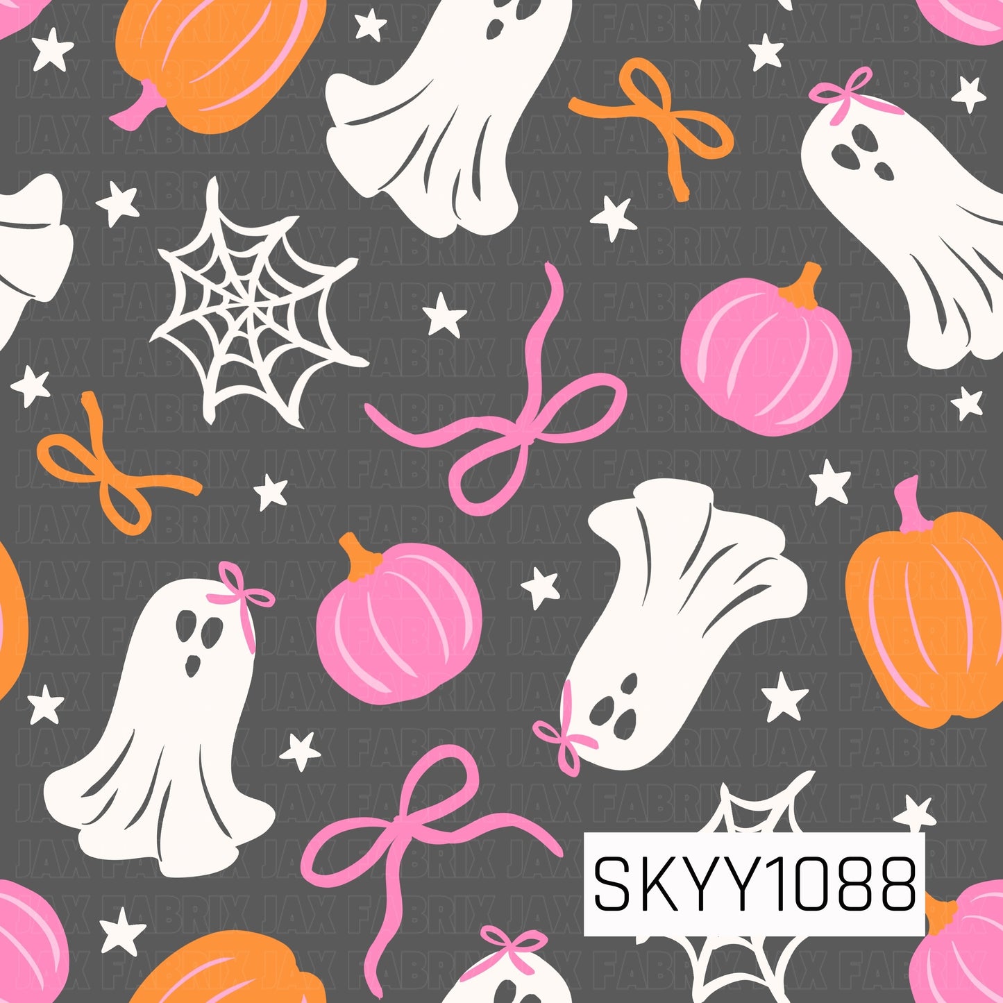 A charming seamless Halloween pattern featuring adorable white ghosts with tiny pink bows, pink and orange pumpkins, delicate ribbon bows, spider webs, and scattered white stars on a charcoal gray background. The playful mix of soft pinks, bright oranges, and classic Halloween elements creates a cute, preppy design with a sweet spooky feel.