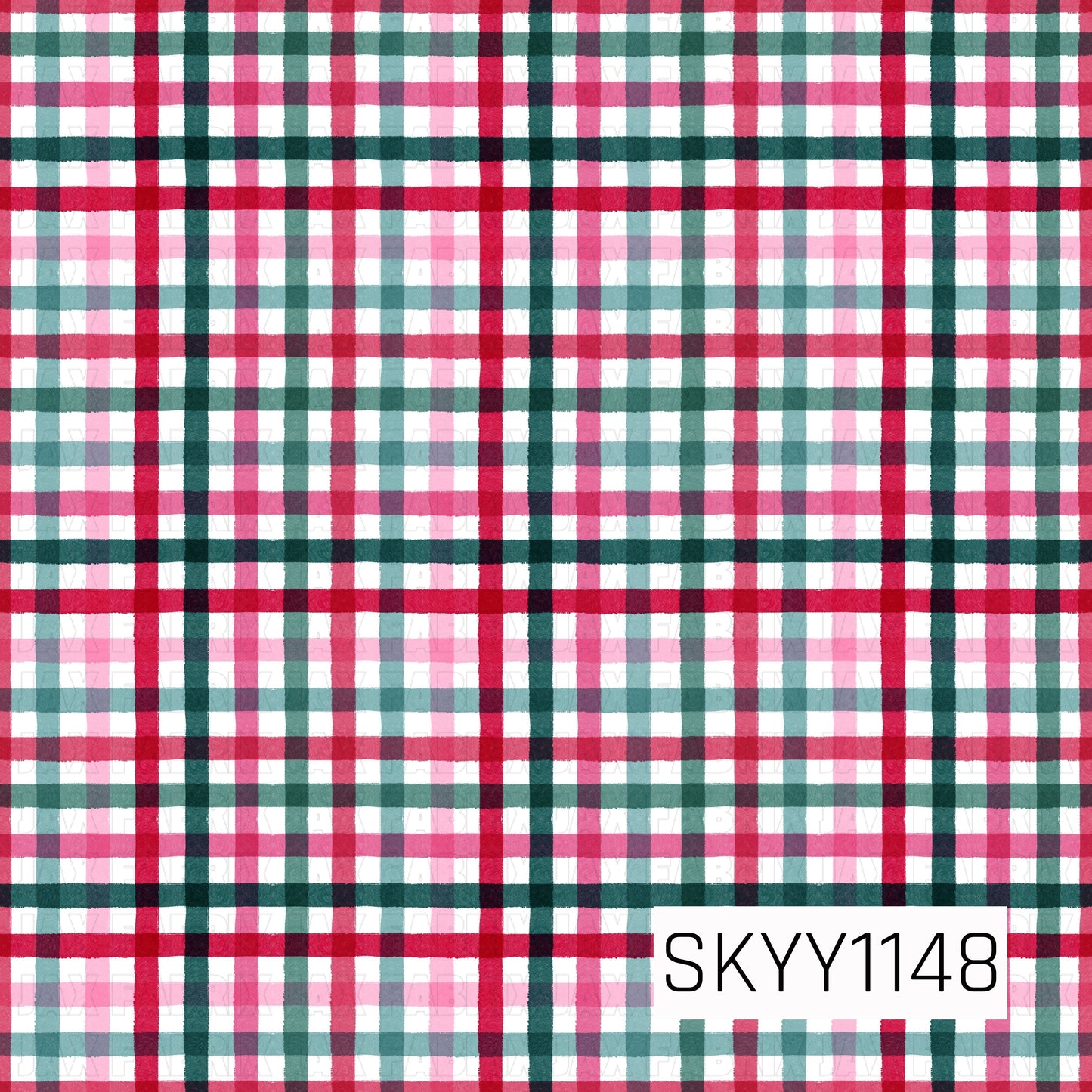 A festive hand-painted plaid pattern featuring overlapping stripes in bright red, pink, deep teal, and soft aqua on a crisp white background. The slightly textured brushstroke lines give the classic holiday plaid a fun, playful feel.