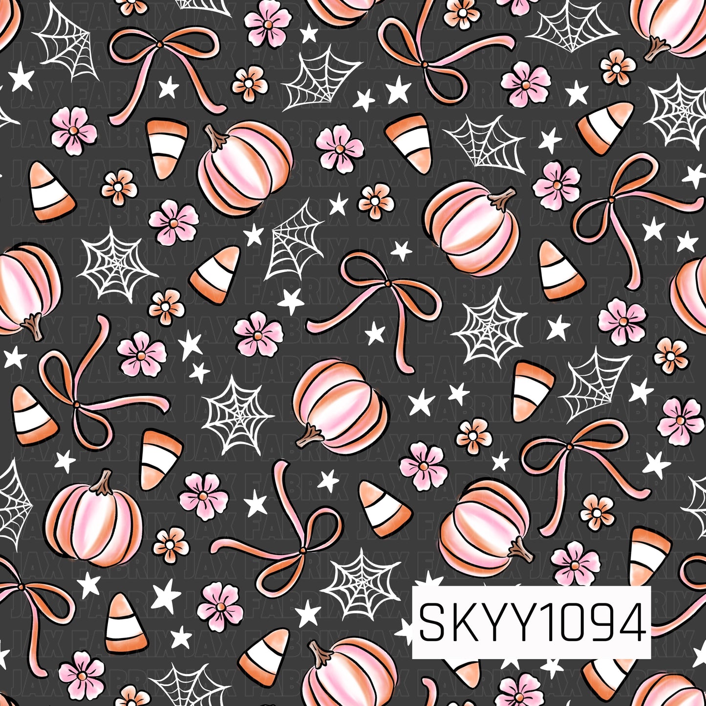 A sweet Halloween seamless pattern featuring soft pink pumpkins, candy corn, delicate pink bows, tiny pink flowers, white spider webs, and scattered white stars on a charcoal gray background. The blend of blush pink, peach, orange, and white creates a charming, feminine Halloween design with a playful preppy aesthetic.