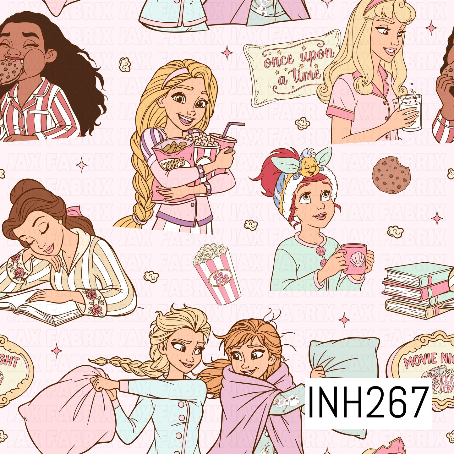 Illustrations of animated characters in casual sleepover settings with 'Once Upon a Time